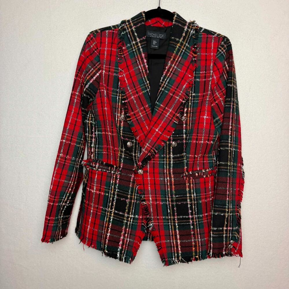 RACHEL ZOE Tartan Plaid Christmas Blazer Jacket Double Breasted Gold Size Medium